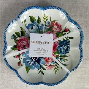 Shabby Chic Melamine Bowl Set Pasta Salad Blue Pink White Scalloped 9" Set of 4